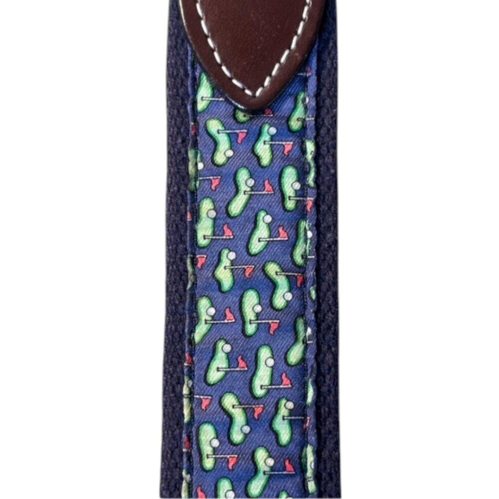 Vineyard Vines Golf Print Canvas Belt Brown Leather Trim Size 38 Preppy - Picture 2 of 5